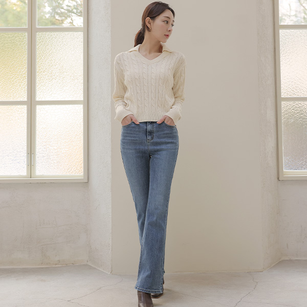 Natural Washing Semi- Boot-Cut Span Denim Pants