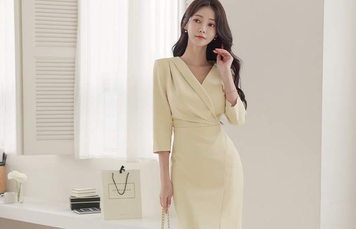 Unbalance Collar Side Pinch Shirring Span Dress(Capri)