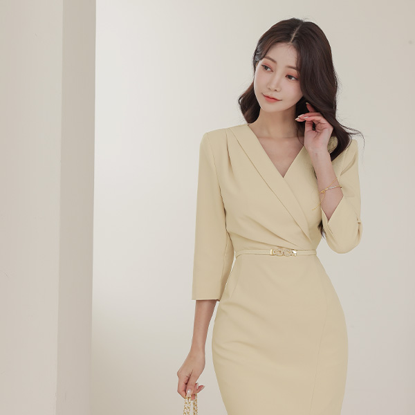 Unbalance Collar Side Pinch Shirring Span Dress(Capri)