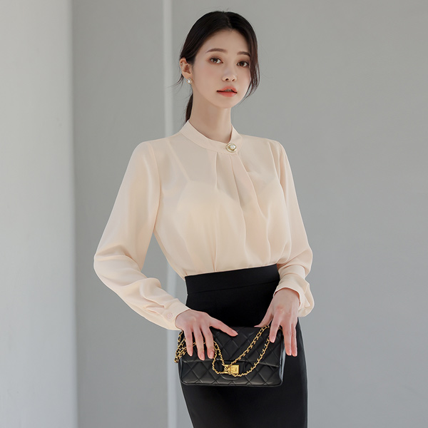 Pearl Button Pintuck Shirring Blouse