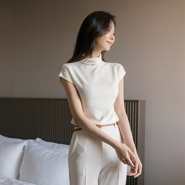 quality Corduroy Half-Neck Cap-Sleeves T-shirt