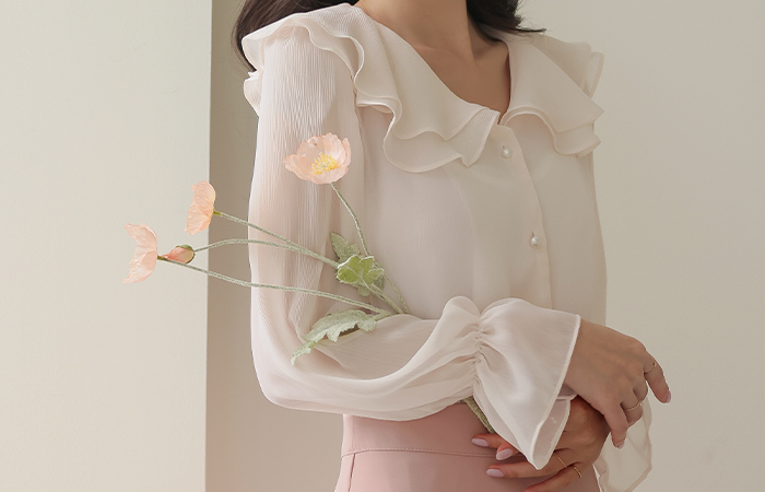 Double Frill Collar Banding Sleeves See-through Blouse