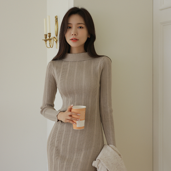 Collar Corduroy Long Knit Dress