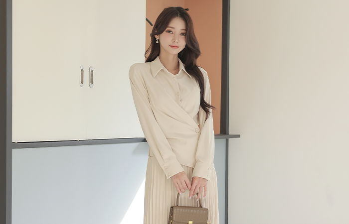 Shirt Unbalance Shirring Wrap Pleats Long Dress