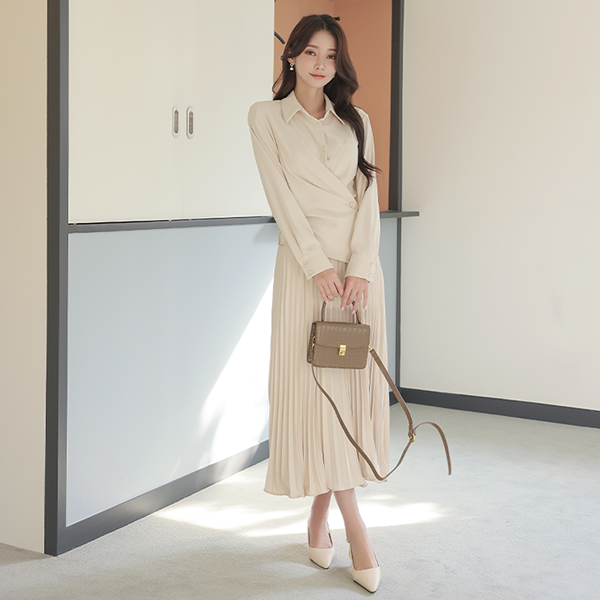 Shirt Unbalance Shirring Wrap Pleats Long Dress