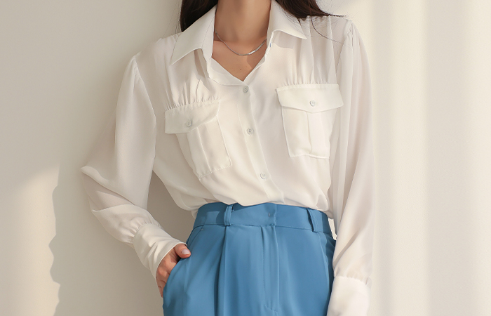 Wide Cuffs Double Pocket Shirring Blouse