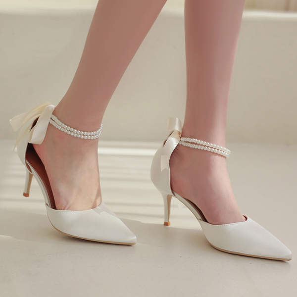 Silk Double Pearl Strap Ribbon Stiletto Heels