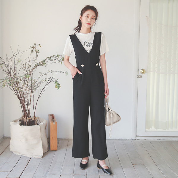 Gold Button Suspender Wide Jumpsuit