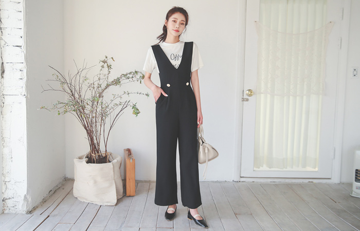 Gold Button Suspender Wide Jumpsuit