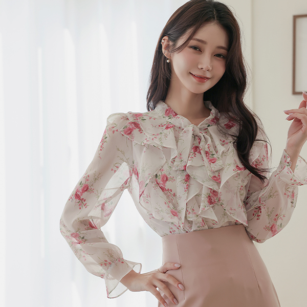 Romantic Flower Frill Ribbon Tie Blouse