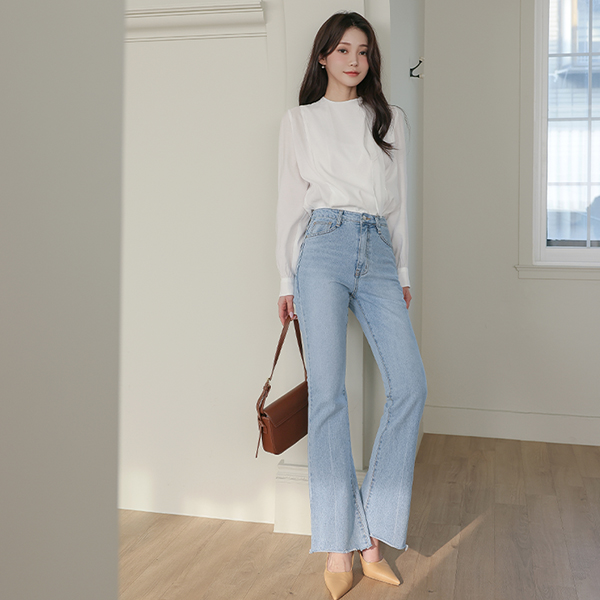 Light-Blue Slim High-Waist Long Boot-Cut Denim Pants