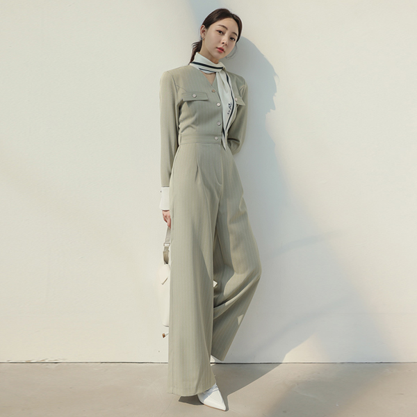 Cuffs Color Combination Pinstripe Wide Jumpsuit