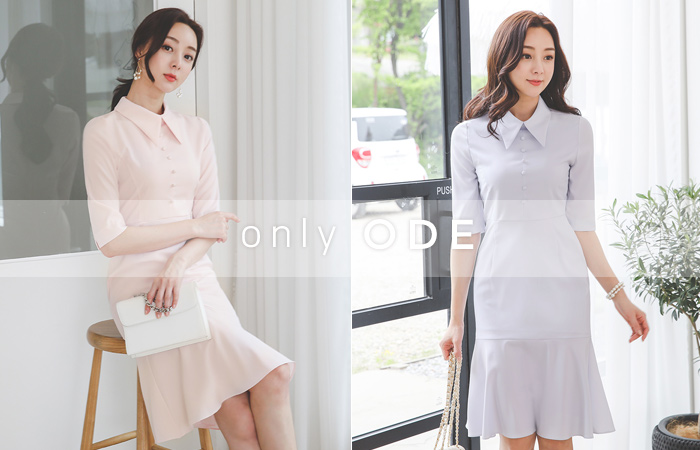 Pure Flat Collar Bean Button Ruffle Line Span Dress