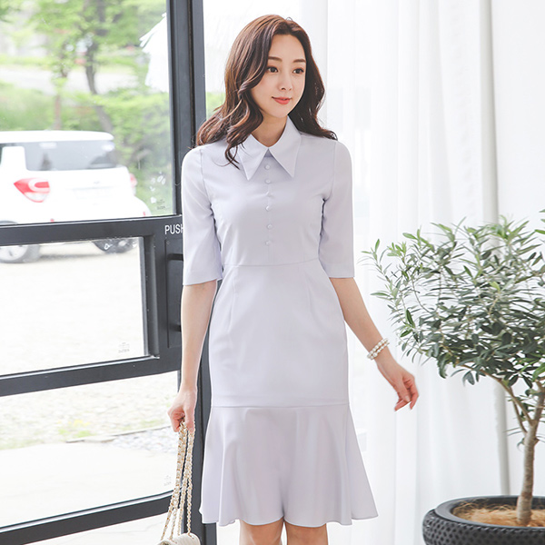 Pure Flat Collar Bean Button Ruffle Line Span Dress