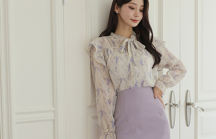 Lavender Frill Ribbon Tie Blouse