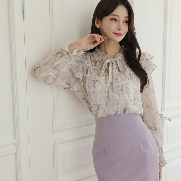 Lavender Frill Ribbon Tie Blouse