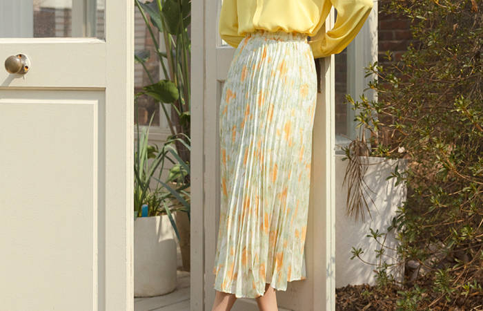 Watercolor Flower Patterns Pleats Banding Long Skirt