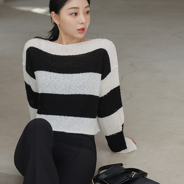 Bouclé Boat Neck Stripe Crop Knit