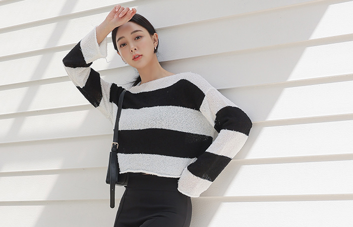 Bouclé Boat Neck Stripe Crop Knit