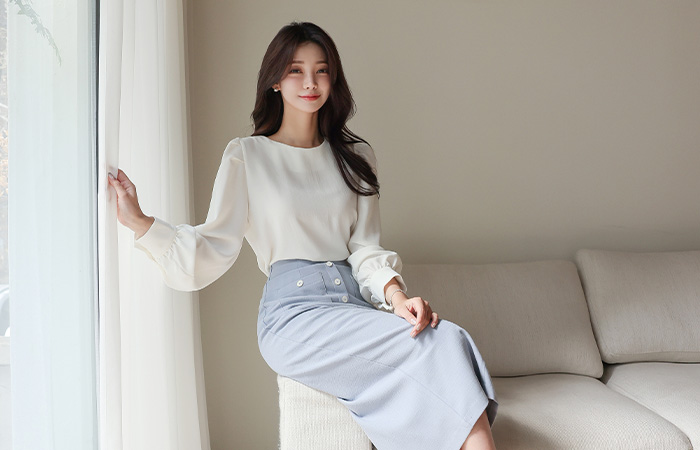 Color Combination Button Double Pocket Front Slit Skirt