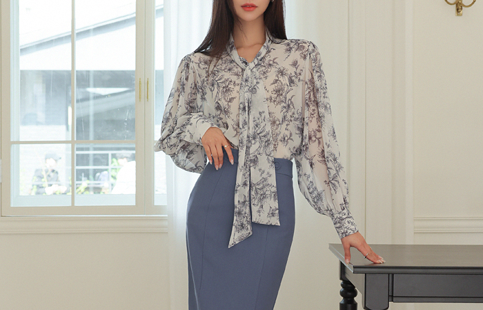 Luxury Flower Patterns Chiffon Tie Blouse