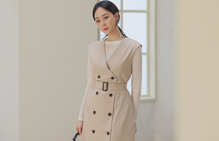 No-collar Double-button Belted Vest Coat