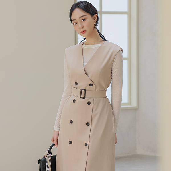 No-collar Double-button Belted Vest Coat