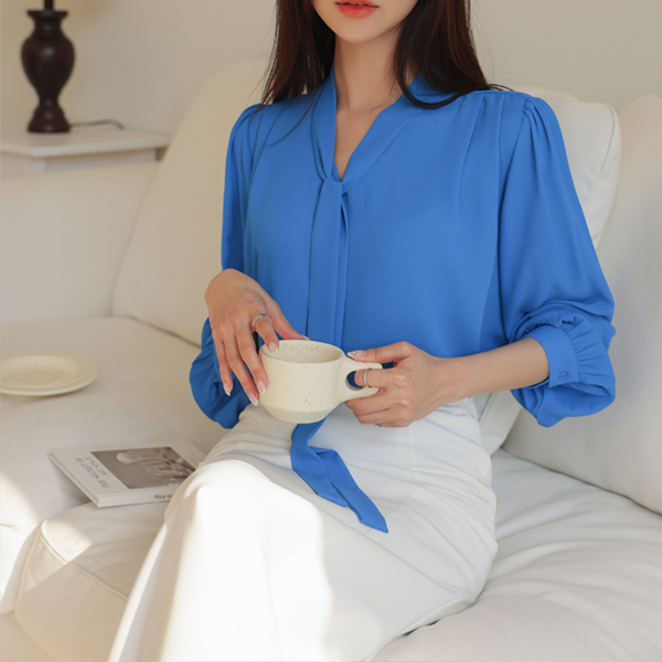 Point Color Shoulder Pintuck Tie Blouse