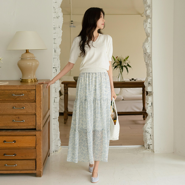 Watercolor Blossom Banding Chiffon Skirt
