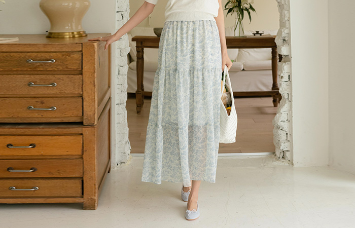 Watercolor Blossom Banding Chiffon Skirt