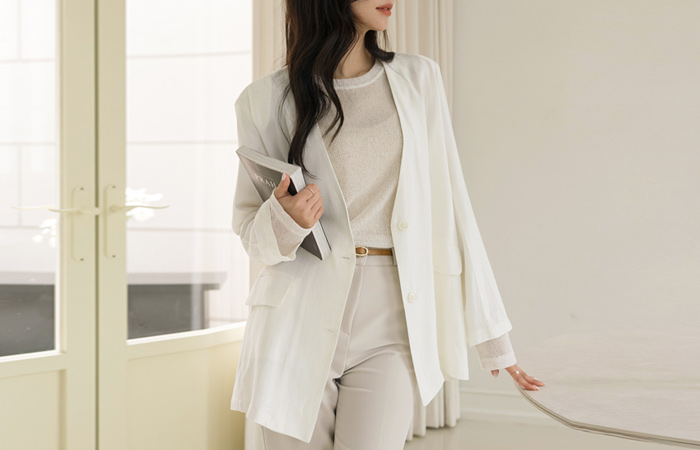 Chic No-collar V-neck loose fit Linen Jacket