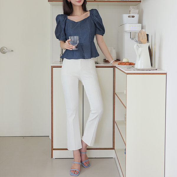 Cotton Span Pintuck-Line Tight Boot-Cut Pants