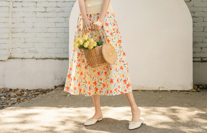 Color Flower Banding A-line Skirt