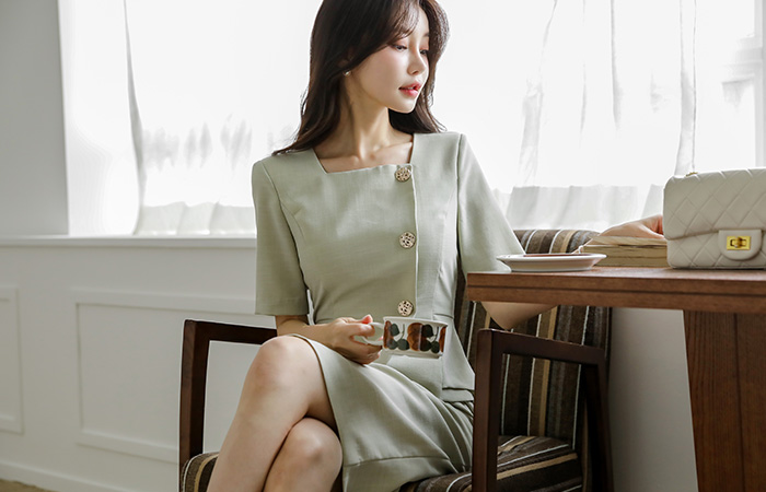 Square Neck Gold Button Peplum Dress