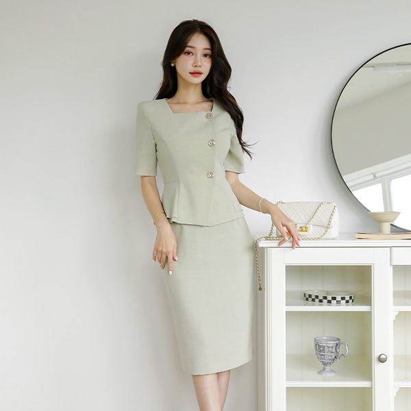 Square Neck Gold Button Peplum Dress