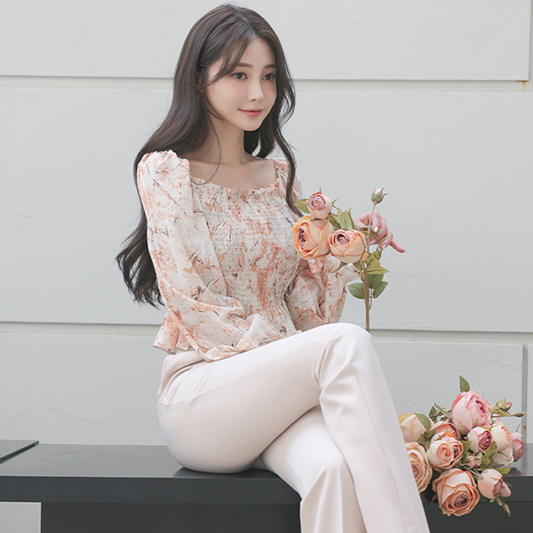 Square Neck Printing Smock Banding Crop Blouse