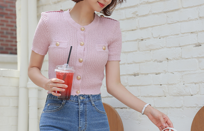 Gold Button Epaulet Corduroy Crop Knit Cardigan