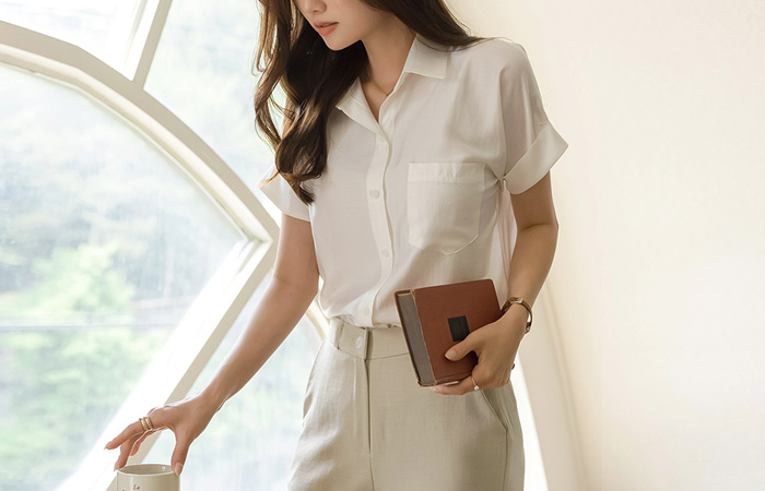 Glossy Mood Roll-up Sleeves Modal Blouse