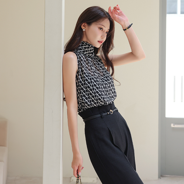 VColor Combination High-Neck See-through Sleeveless shirts Blouse