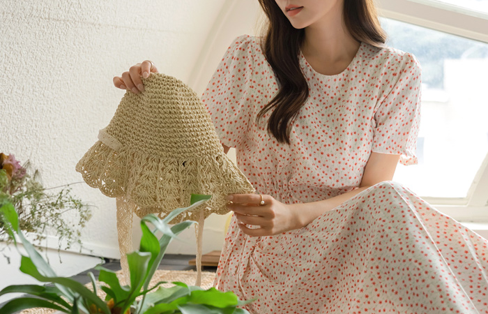 String Pleats Floral Patterns Long Dress