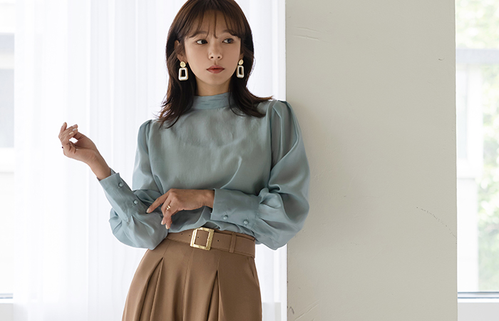 Graceful See-through Back Line Tie Volume Sleeves Modal Blouse