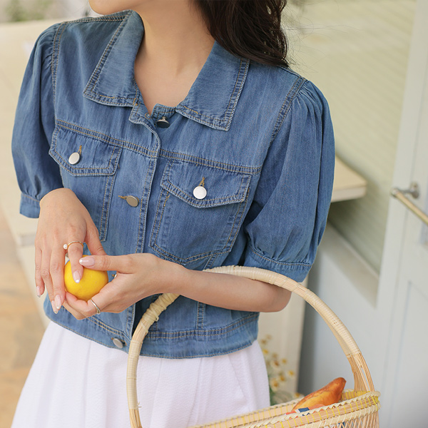 가벼워서 Cool Picnic Puff Shoulder Denim Crop Jacket