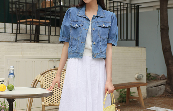 가벼워서 Cool Picnic Puff Shoulder Denim Crop Jacket