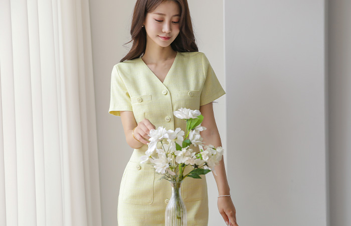 Summer V-neck Cotton Tweed Short-sleeve Dress