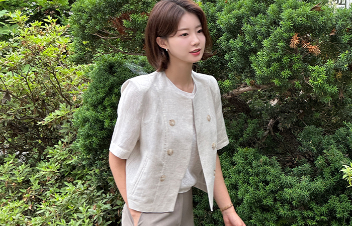 Summer Raund neck Double-button Open Linen Jacket