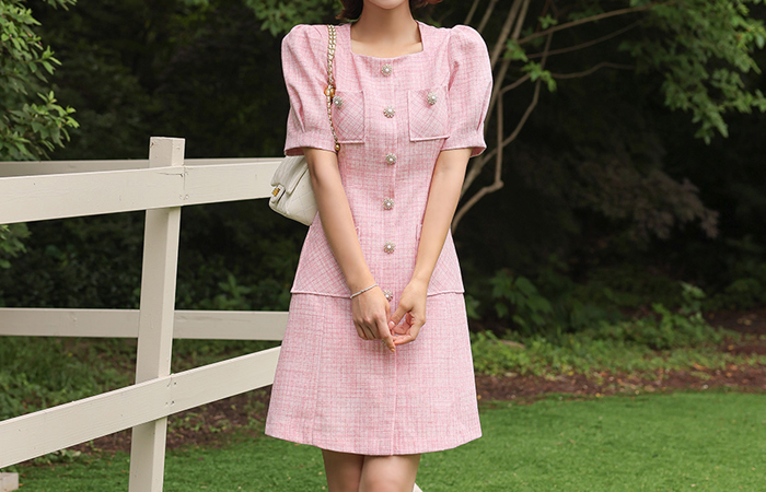 Romantic Square Neck Pearl Flower Button Tweed Dress