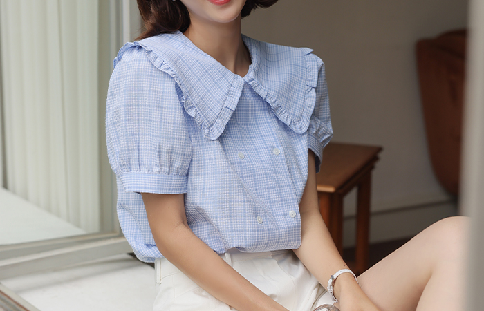 Wide Lovely Collar Check Double-button Blouse
