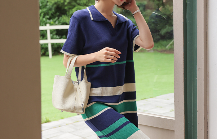 Color Combination Stripe Hems Pleats Collar Dress