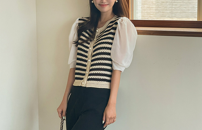 Romantic Chiffon Balloon Sleeves Punching Cardigan Knit