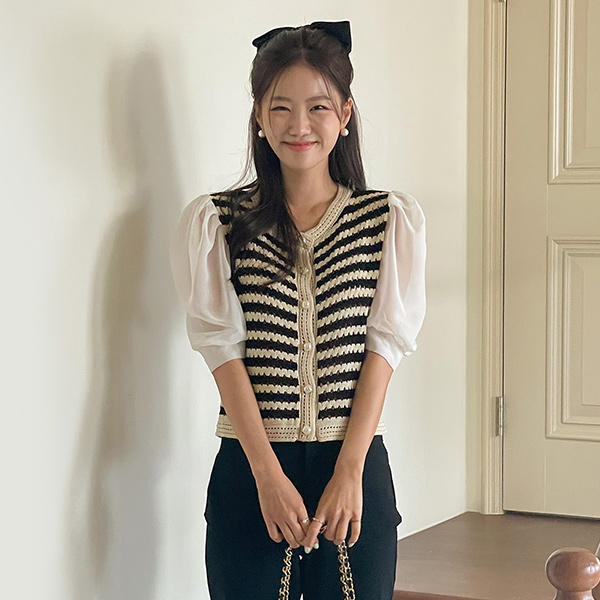 Romantic Chiffon Balloon Sleeves Punching Cardigan Knit